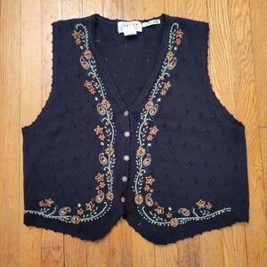 Jantzen Black Embroidered V Neck Sleeveless Button Vest XL Whimsy Cottage Granny